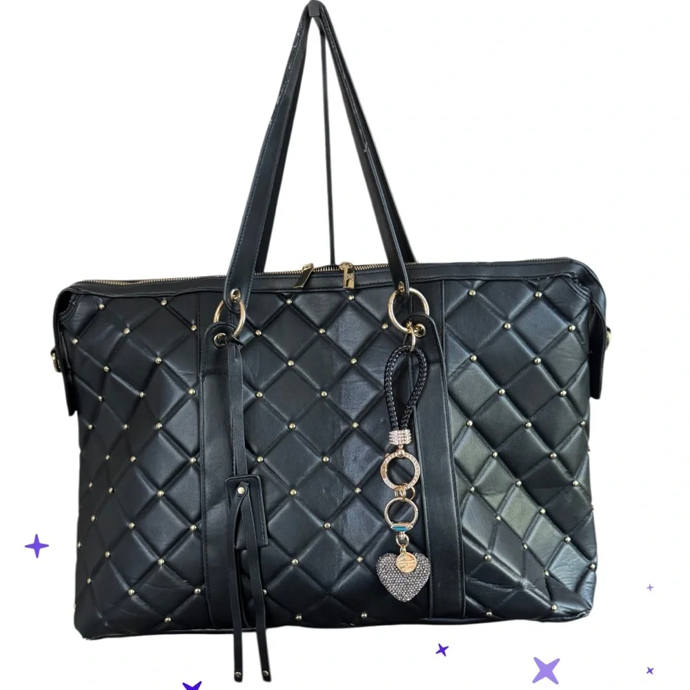 Badgley Mischka Black Quilted Tote with Gold Stud Detailing - Picture 2 of 13